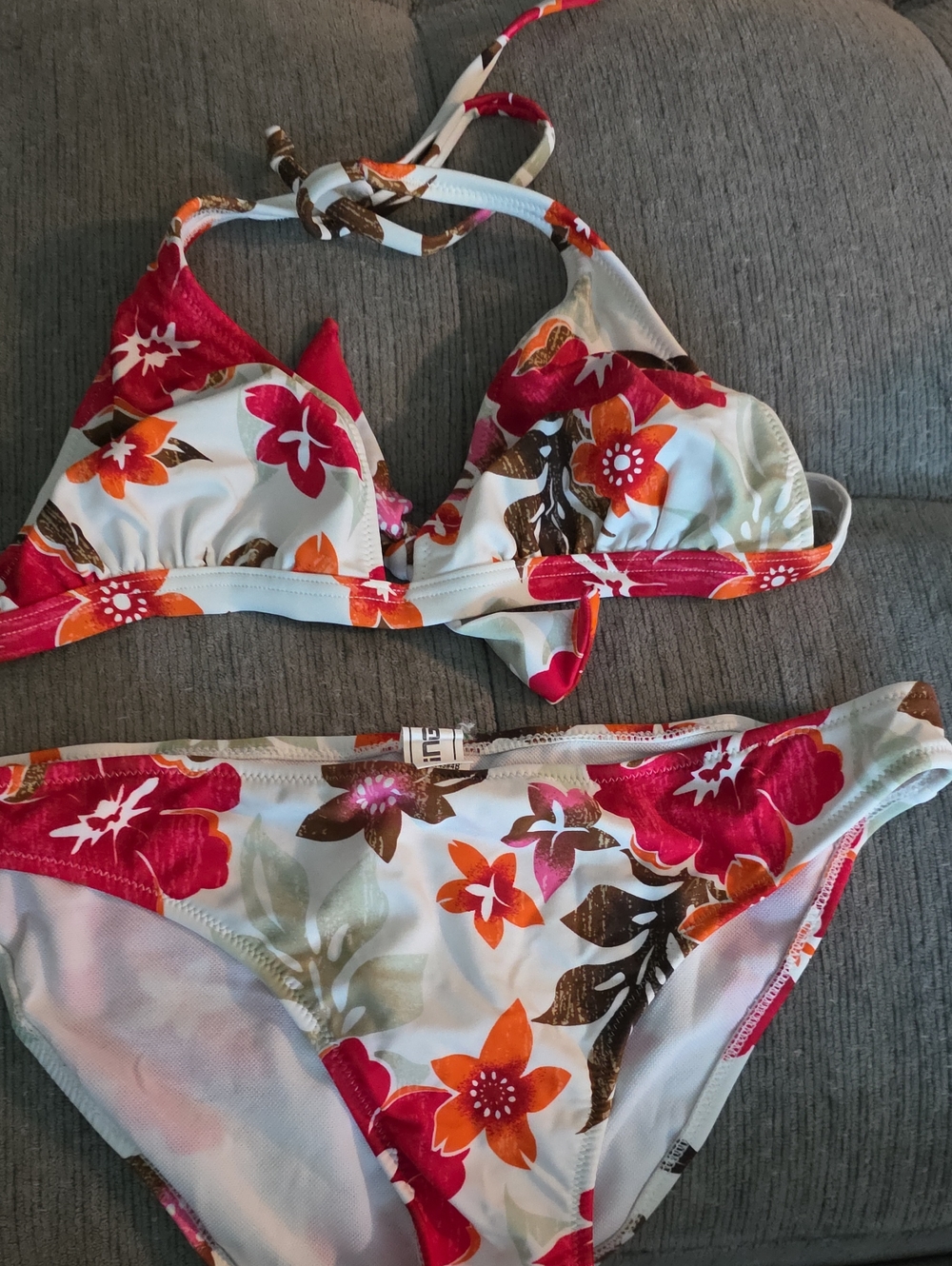 Women Floral Halter Bikini Set in White, Pink & Orange